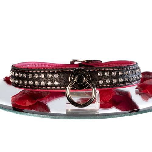 SiaLinda: Halsband echtes Elch Leder mit Strass pink schwarz, gr. O-Ring, 20mm breit silber