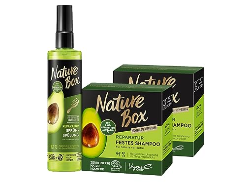 Nature Box festes Shampoo Reparatur,mit Avocado-Öl (2x85 g) & Nature Box Sprüh-Spülung, mit Avocado-Öl, Flasche aus 100% Social Plastic (1x200 ml)