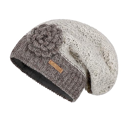 McRon Damen Gefüterte Beanie Wollmütze Luna Naturhellgrau