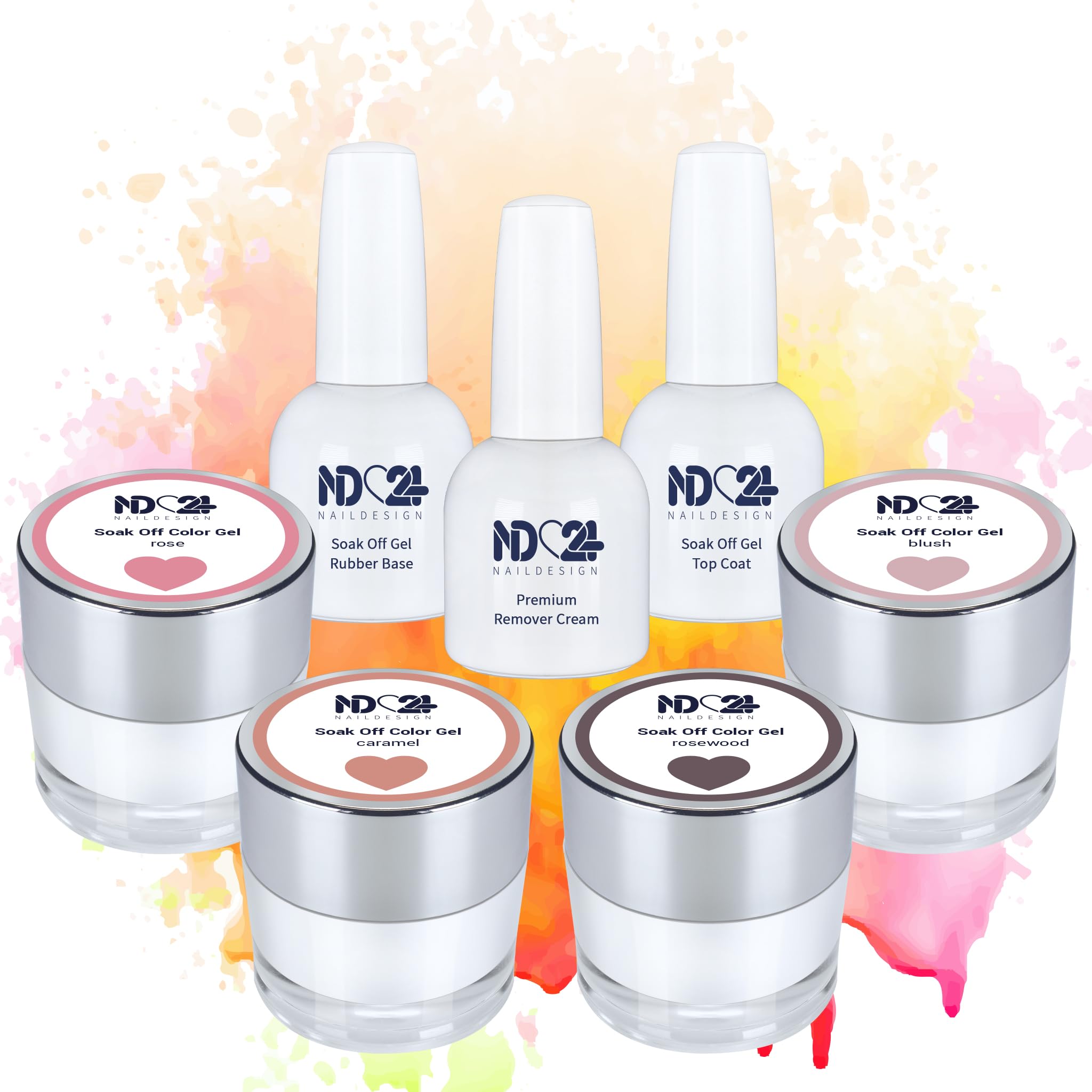 ND24 NailDesign Premium Bundle Warm Nude Soak Off Gel Collection Rubber Base Top Coat und Cream Remover - Hochpigmentiert UV LED Gellack - Satte Farbe Haltbar - Easy Peel Off Ablösen - 7-teilig