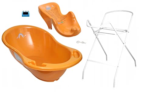 3er Set Baby-Badewanne Set ergonomische Babywanne 86 cm + Ständer Gestell + Badesitz Badewannensitz (3er Set, Orange)