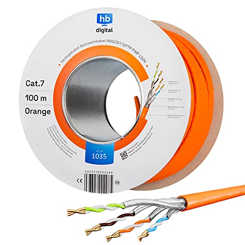 HB-DIGITAL Netzwerkkabel LAN Verlegekabel Cable 100m cat 7 Kupfer Profi S/FTP PIMF LSZH Halogenfrei Orange RoHS-Compliant cat. 7 Cat7 AWG 23/1