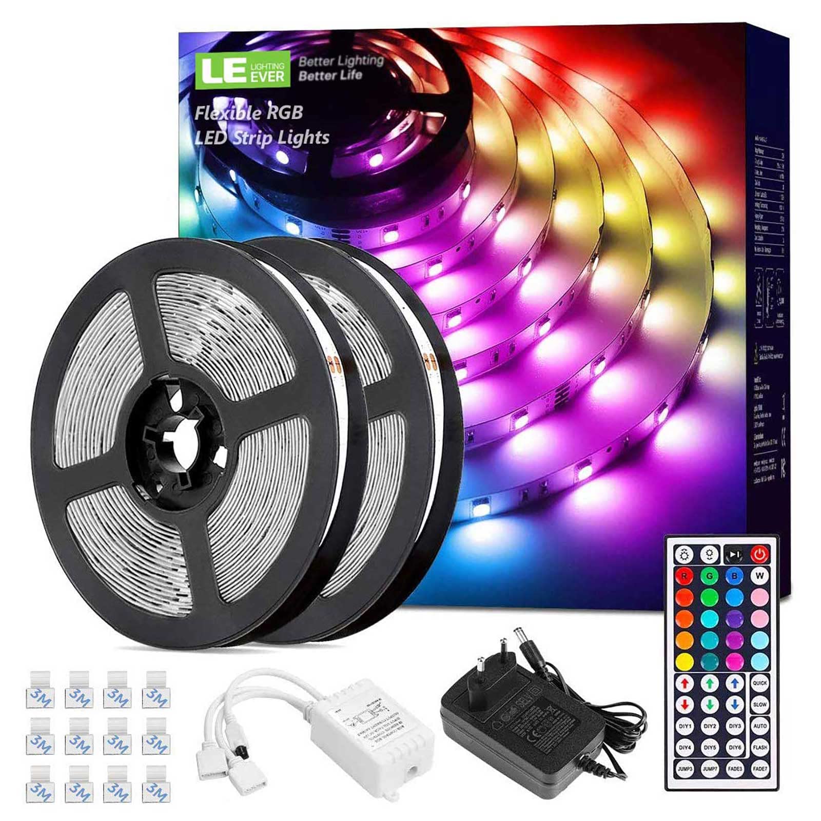 Lepro LED Strip 10M(2x5M) RGB Set, 5050 SMD 300 LEDs Streifen, 12V, LED Band Selbstklebend, Flexibel Lichtband, Lichterkette IP20, LED Leiste Kette Dimmbar, Netzteil und Controller enthalten
