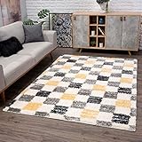 carpet city Teppich Shaggy Hochflor - Karo-Muster 120x160 cm Creme Grau Gelb - Teppiche Kariert Wohnzimmer