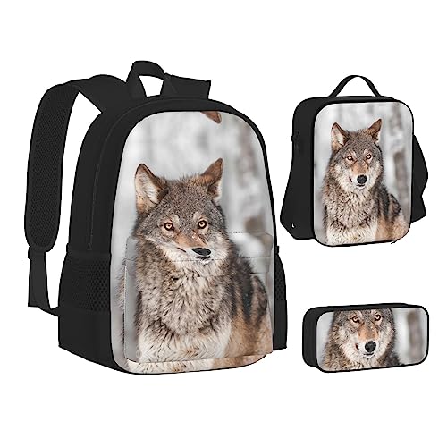 FRGMNT Wild Wolf Rucksack Schule Büchertaschen Set Lunchtasche Federmäppchen Schulrucksäcke für Teen Mädchen Jungen, Wild Animal Wolf, Einheitsgröße, Schulrucksack