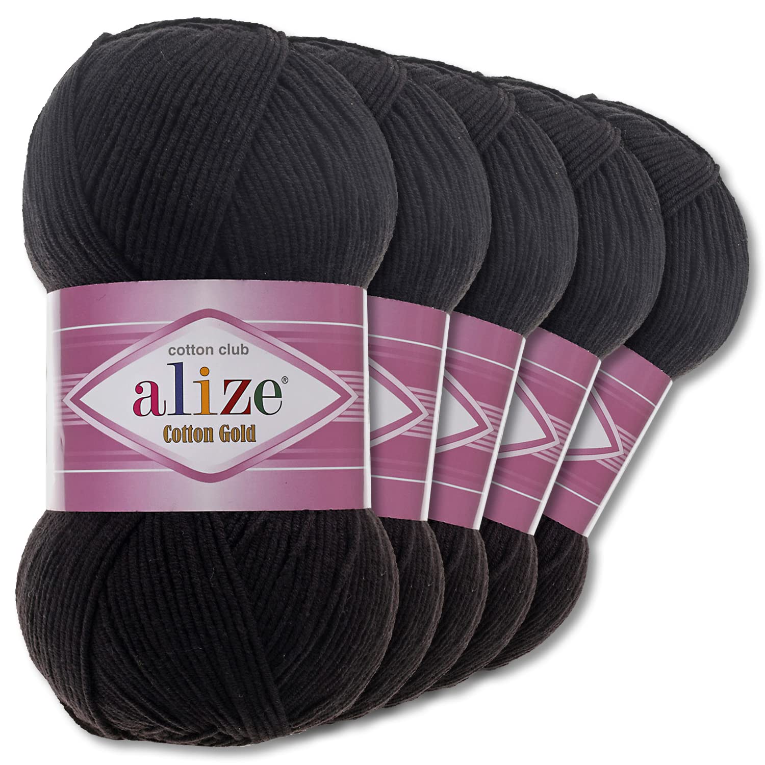 Alize 5 x 100 g Cotton Gold Premium Wolle| 39 Farben Sommerwolle Garn Stricken Amigurumi (60 | Schwarz)
