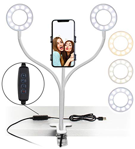 Aduro U-Stream Selfie-Ringlicht mit Ständer, Doppel-Ringlichter mit flexiblem Schwanenhals, Handy-Halterung, Armständer für iPhone und Android, Weiß