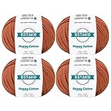 Estako Happy Cotton, (4 Knäuel Pack) 60% Baumwolle 40% Acrylgarn, weich, fein/Sport (2) zum Häkeln und Stricken (4 x 50 g) / (4 x 180 m) (4430 - Zimt)