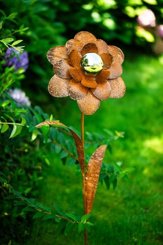 Bornhöft Gartenstecker Blume Metall Gartendeko Rost Edelrost rostiger Beetstecker 110cm Deko Rostfigur für den Garten mit Edelstahl Kugel (Rost Blume B)