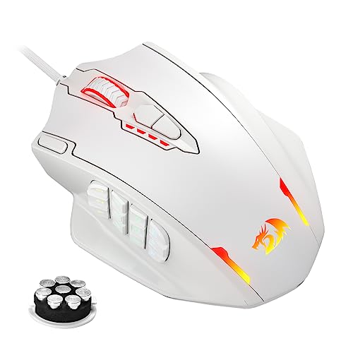 Redragon M908 Impact RGB-LED-MMO-Maus mit seitlichen Tasten, optische kabelgebundene Gaming-Maus mit 12.400 DPI, hohe Präzision, 20 programmierbare Maustasten, Weiß