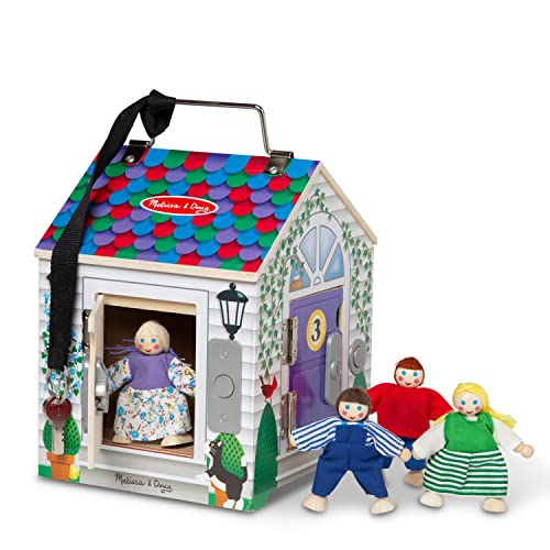 Melissa & Doug |Puppenhaus mit Klingel aus Holz zum Mitnehmen | Funktionierende Klingel, Schlüssel, 4 Gliederpuppen aus Holz |Tolles Geschenk für Mädchen und Jungen