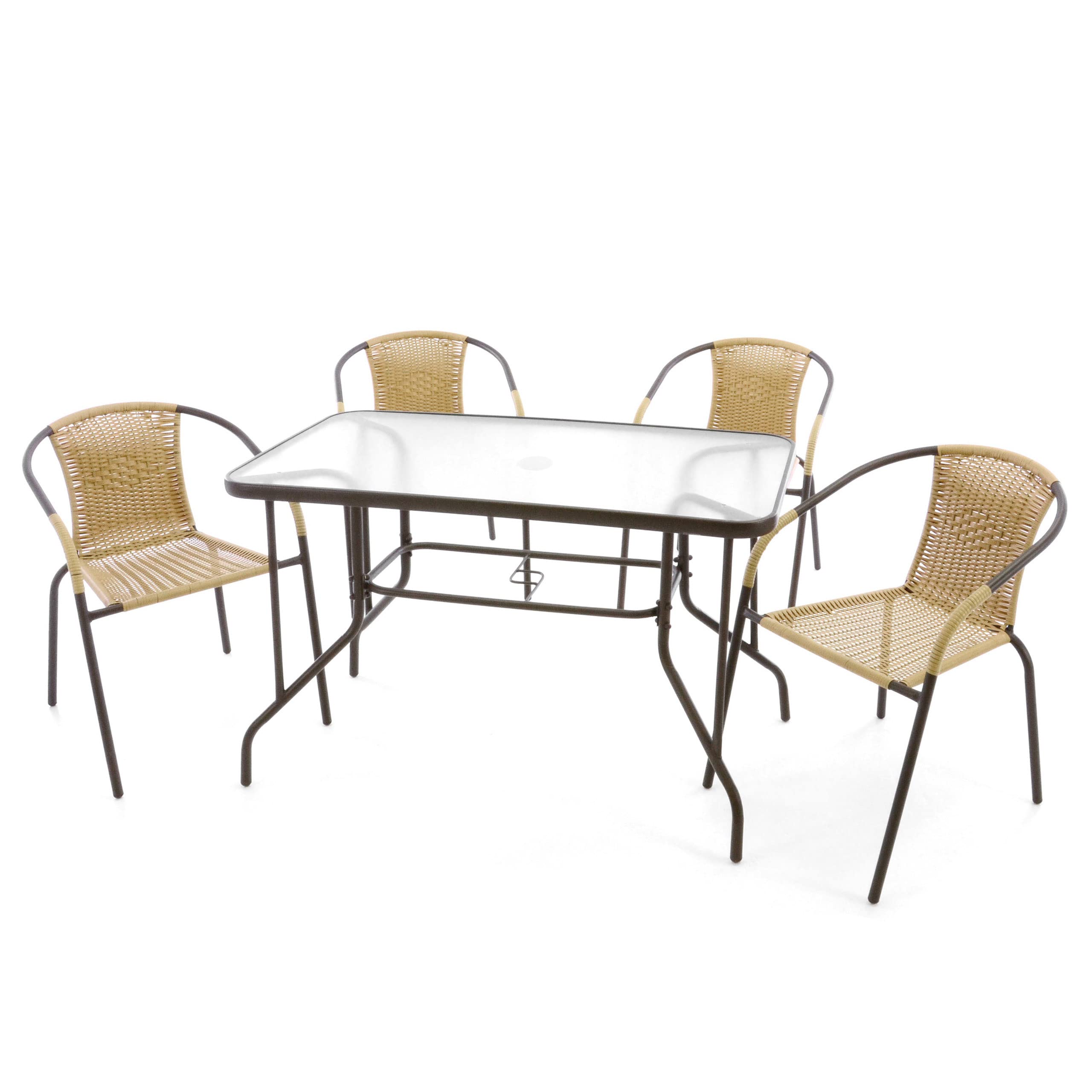 Nexos Trading 5-teiliges Gartenmöbel-Set – Gartengarnitur Sitzgruppe Sitzgarnitur aus Bistrostühlen & Esstisch – Stahl Kunststoff Glas – beige Dunkelbraun