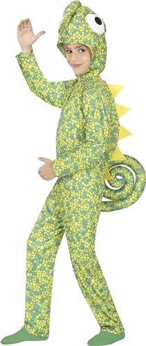 Fiestas Guirca Chamäleon Unisex Jumpsuit für Kinder - Grüner Leguan Kuschelanzug - Alter 7 - 9 Jahre - Eidechse Pyjama Kinder Onesie Jungen u. Mädchen - Tier Overall Kostüm für Karneval, Fasching