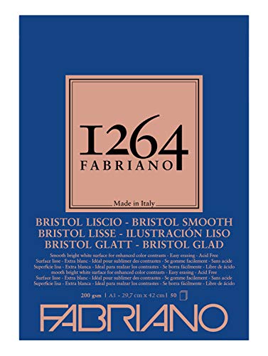 Honsell 19100655 - Fabriano Bristol-Block 1264, 4-fach geleimt, 200 g/qm, DIN A3, 50 Blatt weißes, extra glattes Papier, säurefrei, ideal für alle Trockentechniken und leichte Nasstechniken