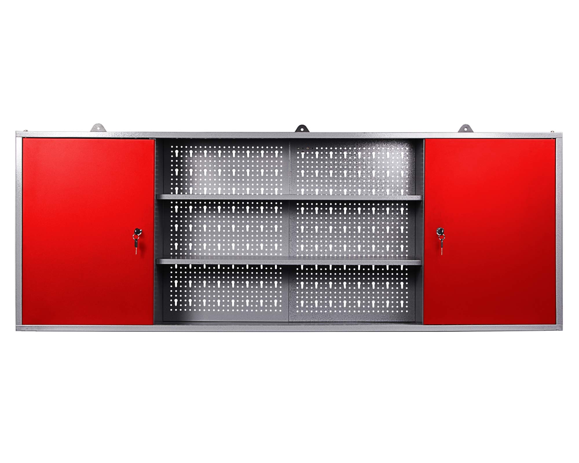 Ondis24 Werkzeugschrank Metall, Werkstattschrank 160x16x60 (H) cm, 2 abschließbare Türen, Hängeschrank mit Einlegeböden (rot)