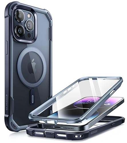 i-Blason Ares Mag Hülle für iPhone 15 Pro Max (6.7") 2023, Kompatibel mit MagSafe, Bumper Case Transparent Handyhülle Robust Schutzhülle Cover mit integriert Displayschutz, Blau
