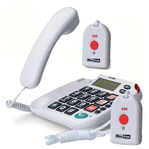 Maxcom KXT481SOS: Seniorentelefon mit Funk Notruf Sender und großen Tasten extra laut; schnurgebundenes Festnetztelefon mit 2 x Notrufknopf Hausnotruf für Senioren hörgerätekompatibel