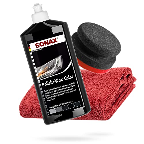 detailmate SONAX Hand Polier Bundle - SONAX Polish+Wax Color schwarz 500ml Handpolierschwamm hart Ø90/50mm Edgeless Mikrofaser Poliertuch 550GSM rot