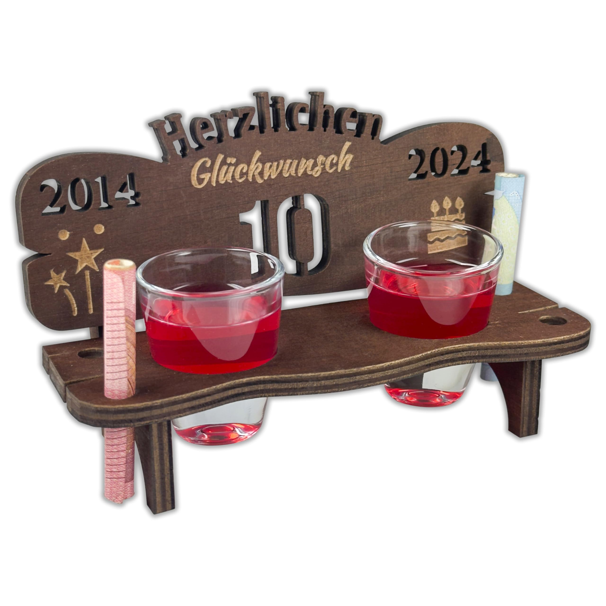 Urhome Schnapsbank mit Jahreszahl 10 Gravur zum Geburtstag, Jubiläum, Jahrestag aus Holz - 2 Schnapsgläser - 10 Jahre Dunkel Braun