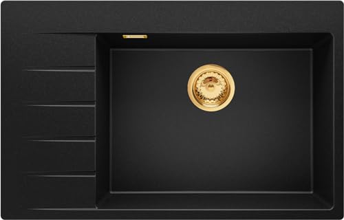 Spülbecken Schwarz 78x50 cm, Granitspüle + Ablauf-Set mit Goldenem Siphon, Küchenspüle für 60er Unterschrank, Einbauspüle von Primagran