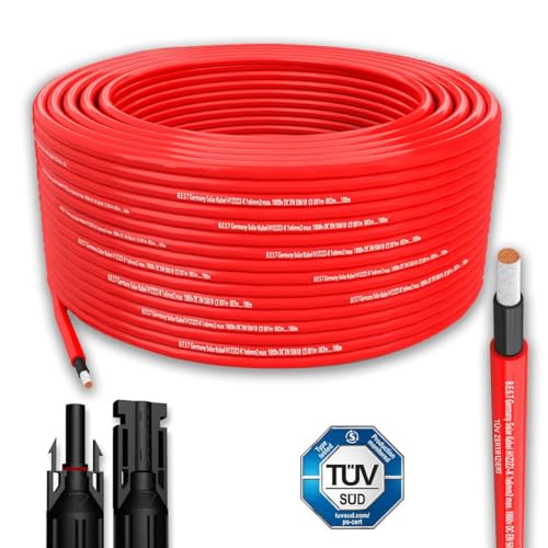 Solarkabel Solarleitung 100m 6mm² Photovoltaik PV Kabel TÜV geprüft + 10 Stecker Rot