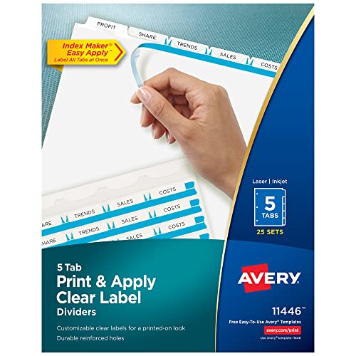 Avery 5 Registerkarten für 3-Ringbuch, einfaches Drucken und Anbringen, transparenter Etikettenstreifen, Index-Maker, anpassbare weiße Tabs, 25 Sets (11446)