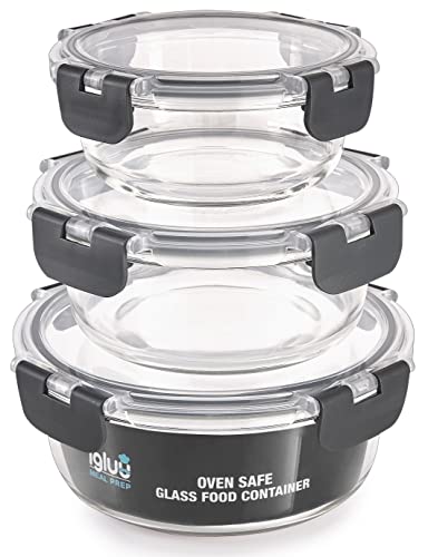 Igluu Meal Prep Container aus Glas – 3er Set Runde Glasbehälter in Verschiedenen Größen –Lunch Box Zur Aufbewahrung von Essen für Gefrierschrank, Mikrowelle & Ofen – BPA frei & Spülmaschinengeeignet