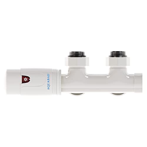 Aquabad® Heizkörper Multiblock mit Thermostat für 50mm Mittelanschluss, Weiß - Eckform mit Standardverschraubungen 16mm PEX