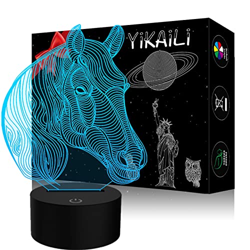 YiKAiLi 3D Illusion Lampe Pferdekopf Tier LED-Nachtlicht 7 Farbwechsel USB-Stromversorgung Berührungsschalter Stimmungslicht Schlafzimmer Schreibtischlampe für Kinder Weihnachts Geburtstag Geschenk