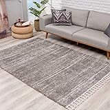 Teppich Hochflor Wohnzimmer - Ethno Stil Meliert 200x290 cm Grau Creme - Teppiche mit Fransen