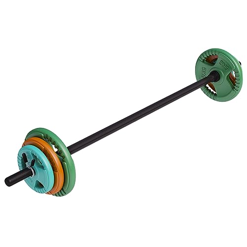 GORILLA SPORTS® Langhantel Set - 19,3 kg / 20 kg, Aerobic, 130 cm, 6 Hantelscheiben, 2x1,25kg, 2x2,5kg, 2x5kg Gewichte, 30mm, Gusseisen, Federverschlüsse - Hantelset, Pump Set, Langhantelset (20 kg)