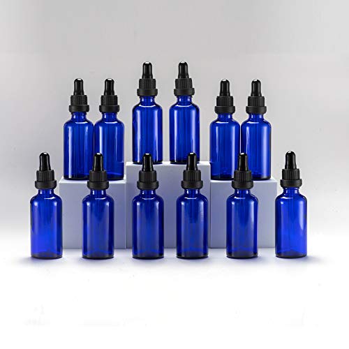 Yizhao 50 ml blaue Tropfflasche, leere Augenglas-Tropfflaschen mit [Glas-Pipetten-Tropper], kleine Probeglasflaschen, für ätherische Öle, Diffusor, Massage, Schönheitsöl-Mix – 12 Stück