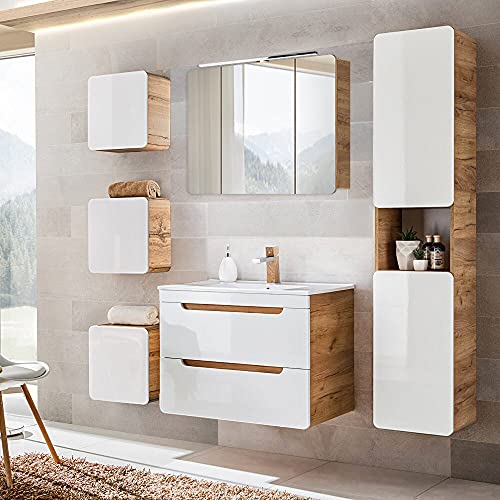 Lomadox Badezimmermöbel Set 80cm Waschtisch & LED-Spiegelschrank, Hochglanz weiß Wotaneiche, Hochschrank, 3 Hängeschränke