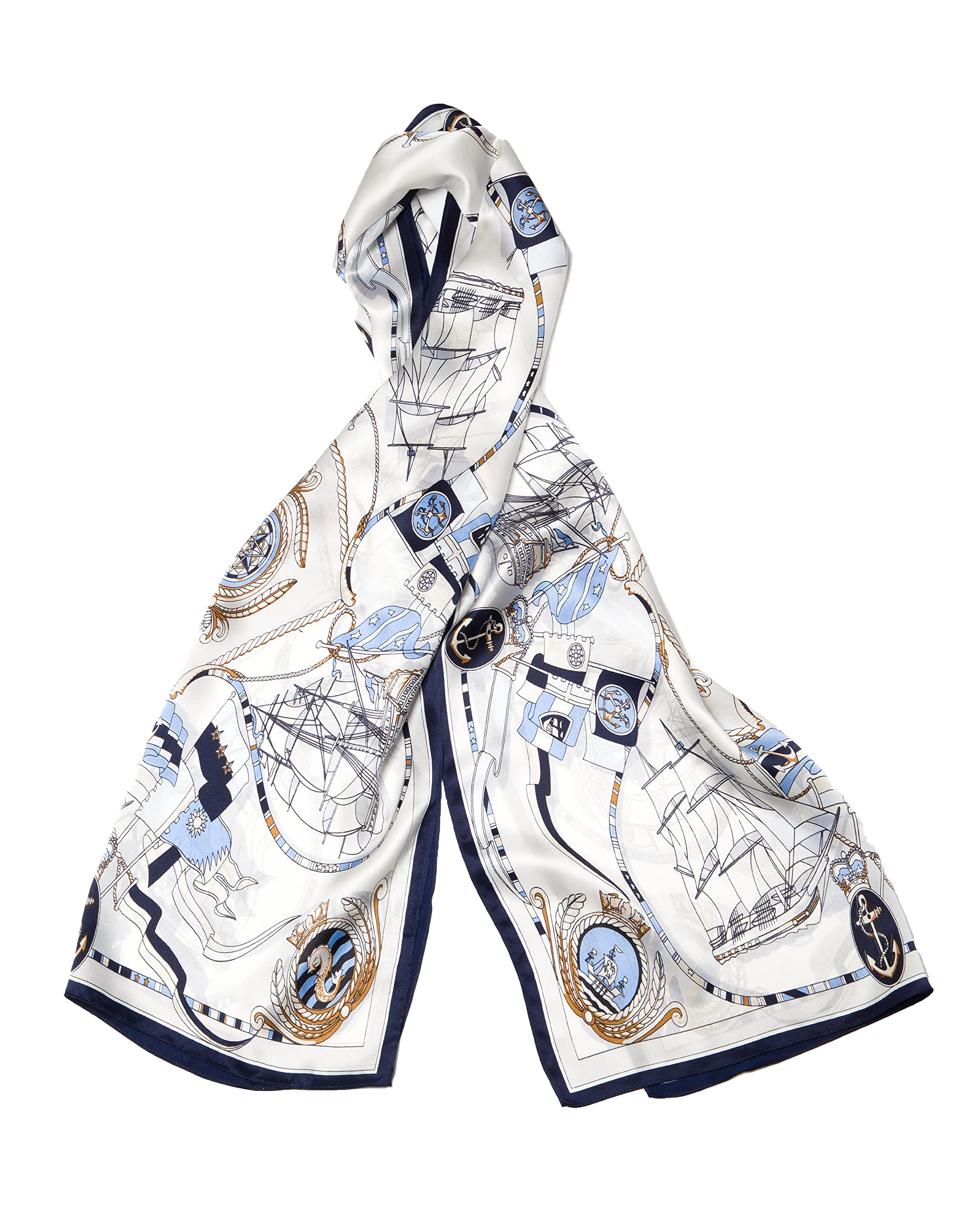 MayTree Seidentuch, buntes Halstuch für Damen aus 100% Maulbeer-Seide, Segelschiffe 55 x 175 cm