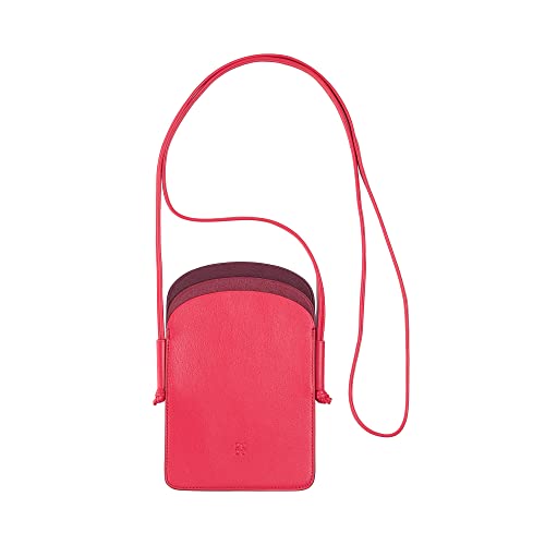 DUDU Damen-Handy-Umhängetasche aus Leder, doppelte Smartphone-Tasche, ID-Kartentasche, Verstellbarer Lanyard-Riemen Himbeere