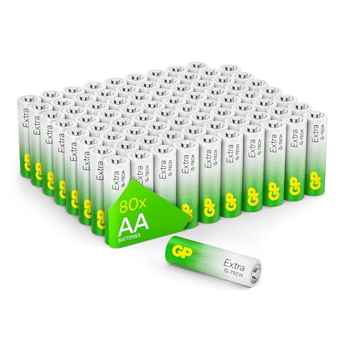 GP Extra Alkaline Batterien AA 1,5V Longlife G-TECH Technologie | 80 Stück Mignon Batterien LR6 Vorratspack AA Batterien, Briefkasten-geeignete Verpackung (Design kann variieren)