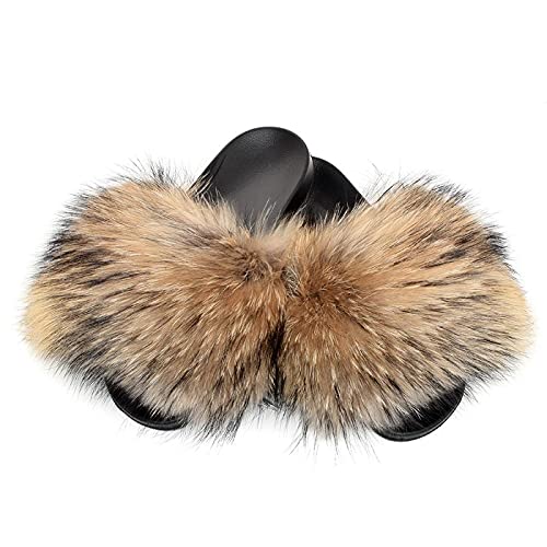 Fell Latschen Pelz Pantoffeln mit Fuchs Echtfell Echtpelz Schlappen Sandalen Finnraccoon Raccoon Fuchsfell Slipper Slides Schuhe Pantoletten