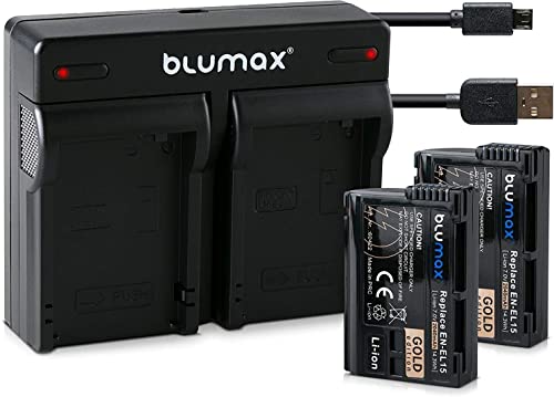 Blumax 2X Gold Akku 2040mAh für Nikon EN-EL15/EN-EL15a + Mini Dual-Ladegerät USB für D7500 D850 D7200 D500 D7000 D750 D610 D810e D7100 D600 D800 D810 Nikon 1 V1