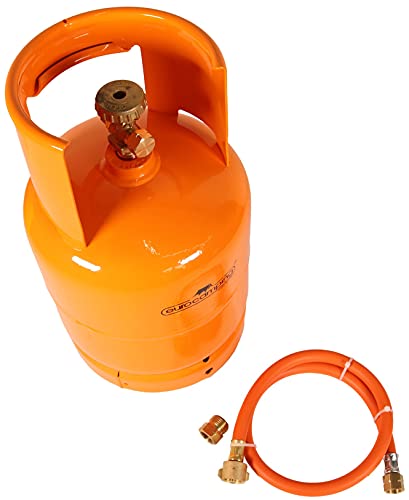 GARDINGER Set befüllbare 2 kg Gasflasche orange mit Kragen Propan/Butan mit Anschluss 3/8" + Adapter + Umfüllschlauch
