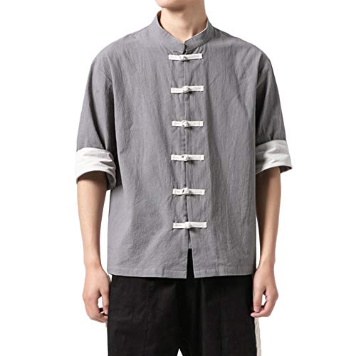 GladiolusA Herren Leinen Hemd Tang-Anzug Freizeit Hemden Chinesischer Stil Kung Fu Tops Grau 4XL