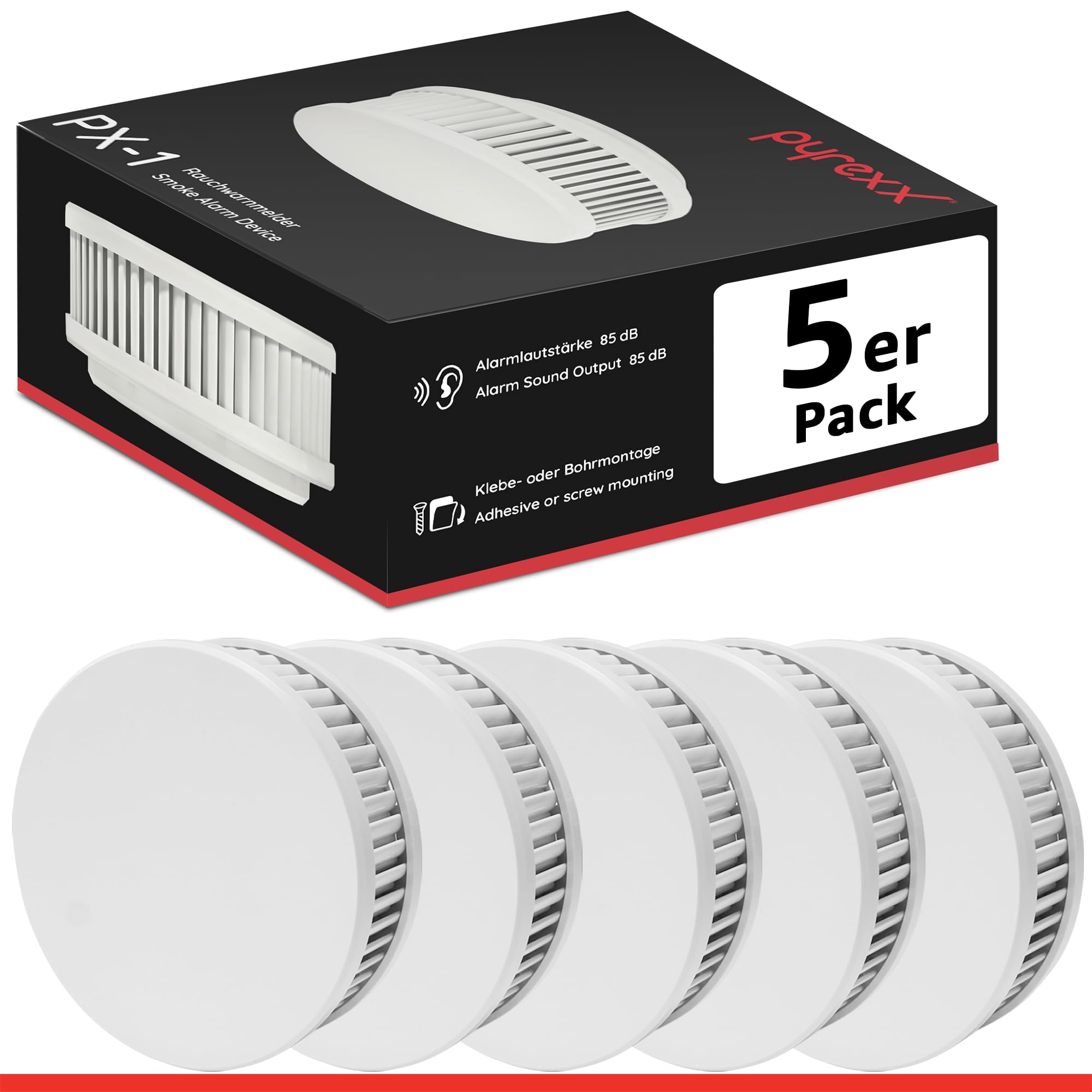 Pyrexx PX-1 Rauchwarnmelder - 5 Stück - 12 Jahre Batterie mit Magnet-Halterung ohne Bohren und LED-Blinken, Zertifiziert nach Q-Label, Weiß
