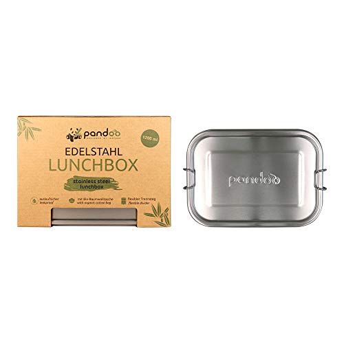 pandoo Edelstahl Lunchbox | 1200ml | inkl. Baumwollbeutel, Divider und E-Book | auslaufsichere umweltfreundliche Brotdose | Bento Box | flexible Trennwand