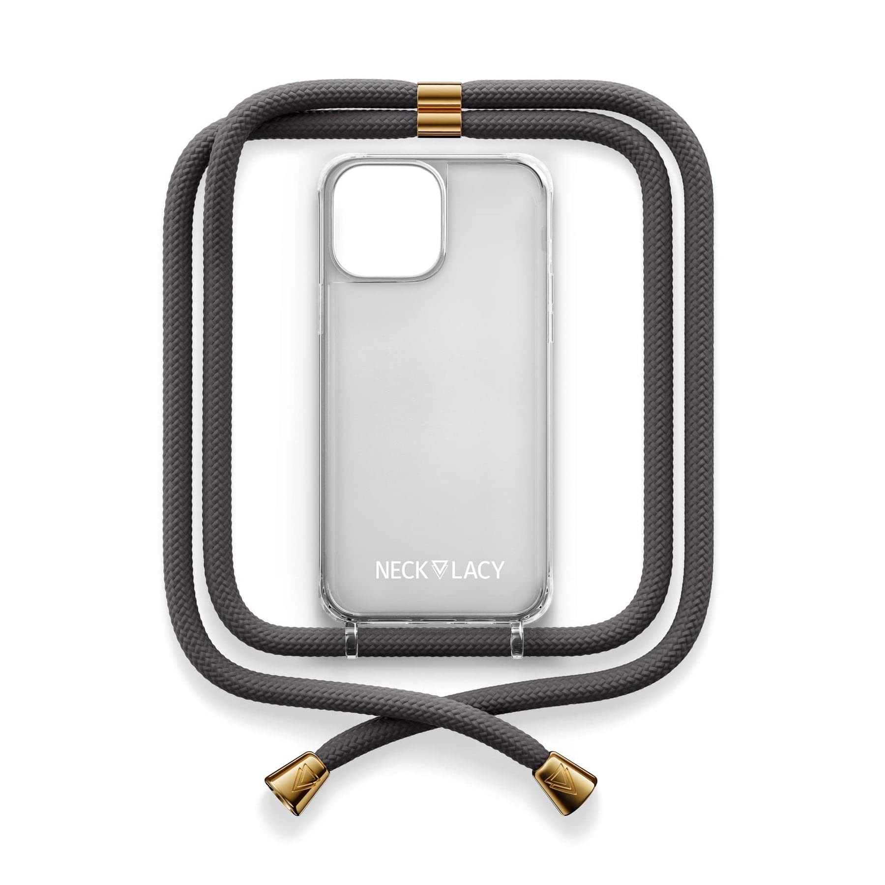 NECKLACY® - Die Premium Handykette für Apple iPhone 14 Pro in Stormy Grey | transparente Handyhülle mit hochwertiger Kordel zum Umhängen - Smartphone Crossbody Case