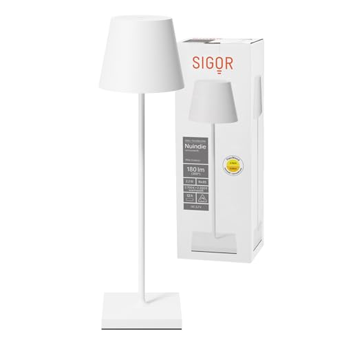 SIGOR Nuindie - Dimmbare LED Akku-Tischlampe Indoor & Outdoor, IP54 spritzwassergeschützt, Höhe 38 cm, aufladbar mit USB-C, 12 h Leuchtdauer, schneeweiss