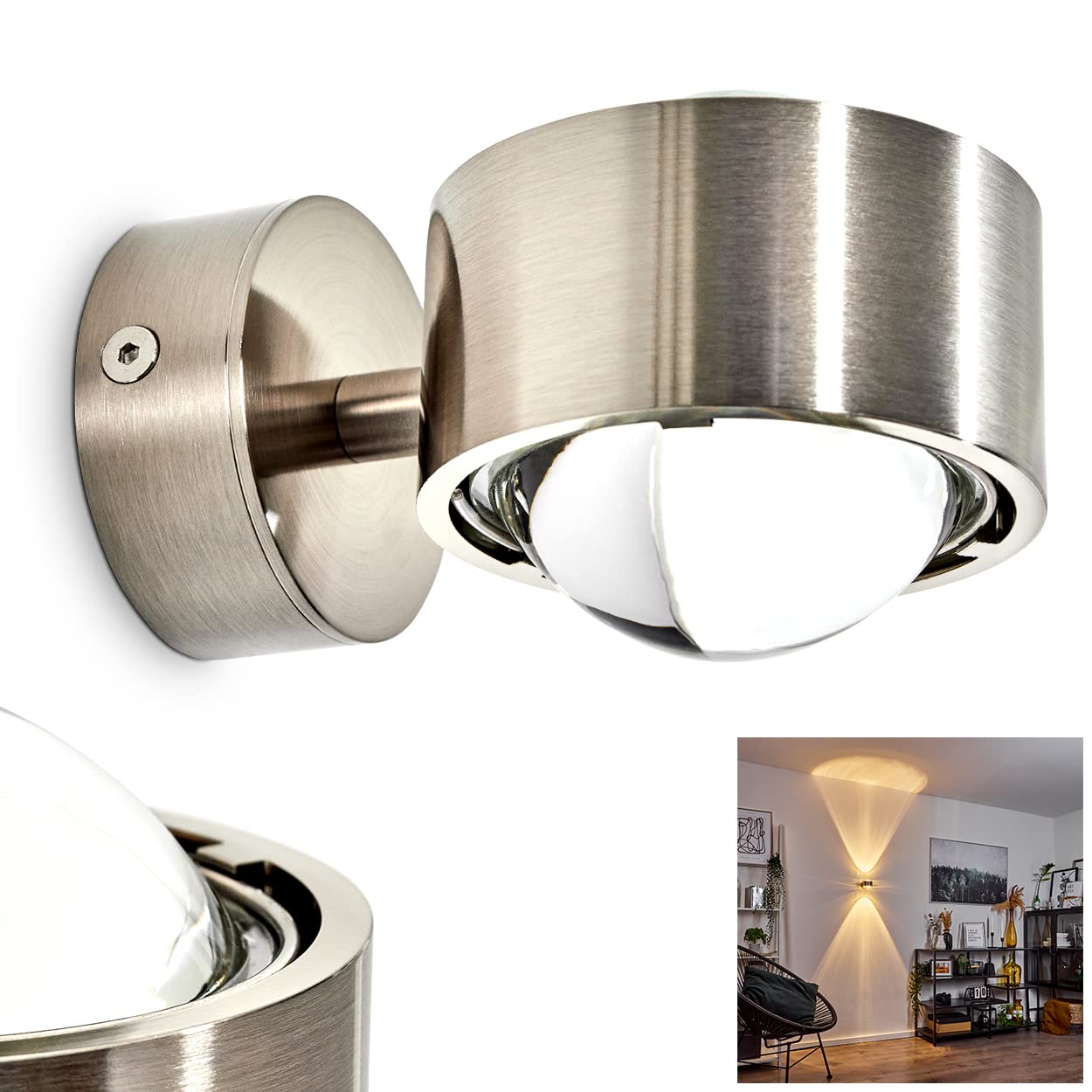 Wandlampe Sapri - Effektlampe mit zwei gegenüberliegenden Licht-Kegeln - verchromte Metall-Leuchte für das Wohnzimmer - das Esszimmer oder die Küche mit hochwertigem Glas-Schirm - ohne Leuchtmittel