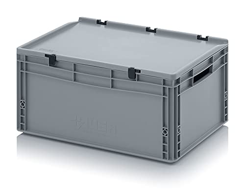 Eurobehälter + Scharnierdeckel ED 64/27 Auer, grau, 56l Kunststoffbox 60x40x28,5cm Handgriffe offen | Kunststoffbox Industriebehälter Lagerbox Stapelkiste Lebensmittelbox Campingbox Vorratsbox