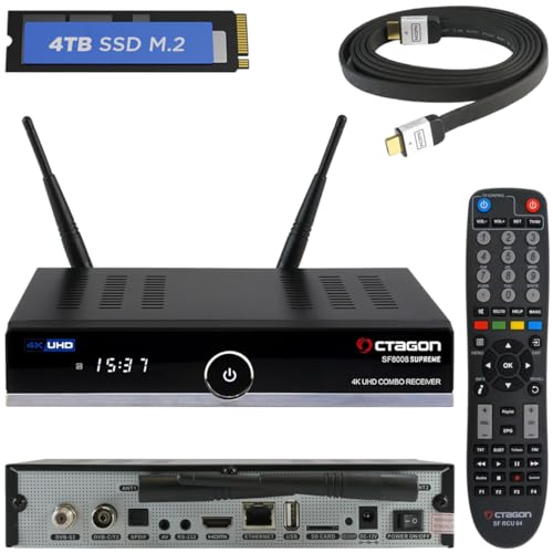 OCTAGON SF8008 4K Supreme Combo + 4TB Festplatte INTERN + NONIC HDMI Kabel, Sat- Kabel- & DVB-T2 Receiver, E2 Linux & Define OS, mit Aufnahmefunktion, M.2 M Key, Gigabit LAN, Sat to IP, WiFi WLAN