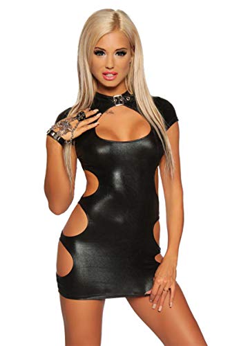 SARESIA Schwarzes erotisches Frauen Dessous Gogo Wetlook-Minikleid mit Cutouts und Stehkragen XL