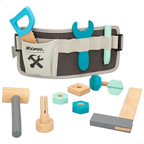 WOOMAX 49304 Werkzeuggürtel für Kinder, inklusive 12 Teilen, Kinderspielzeug aus Holz, Arbeit und Bau