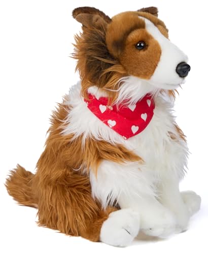 Uni-Toys - Langhaarcollie mit Halstuch (Herzchen-Motiv) - 27 cm (Höhe) - Plüsch-Hund, Collie - Plüschtier, Kuscheltier